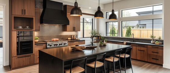 Stylish kitchen interior with dark wood cabinetry and black accents, softly lit by daylight-1