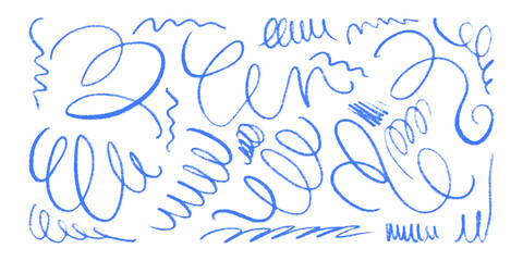 Thin Squiggle Pencil Line Collection. Doodle abstract strokes in hand drawn style. Colorful smears with grungy charcoal texture