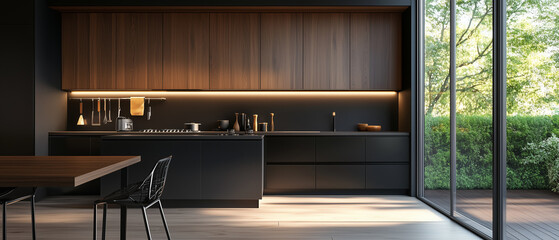 Stylish kitchen interior with dark wood cabinetry and black accents, softly lit by daylight-3