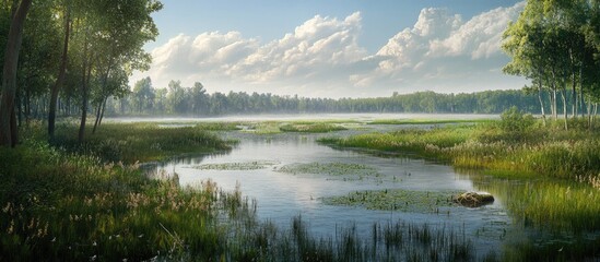 Tranquil wetland landscape featuring a serene river surrounded by lush green grasses and trees under a bright blue sky with white clouds.