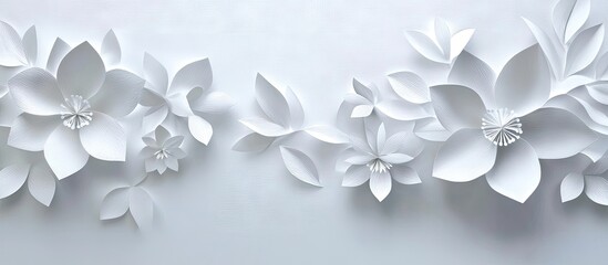 Elegant arrangement of cut white paper flowers on a soft white background showcasing delicate petals and intricate details with ample text space.