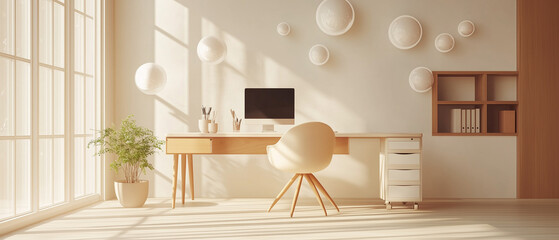 Stylish workspace featuring minimalistic furniture and floating geometric spheres, bright and airy ambiance-4