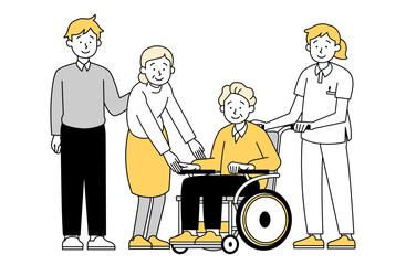 女性の介護士に車椅子を押してもらっている老人男性と家族のベクターイラスト