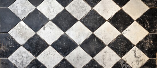 Fototapeta premium Geometric black and white diamond pattern vintage cement tiles arranged in a square layout ideal for wall and floor decoration with elegant aesthetics