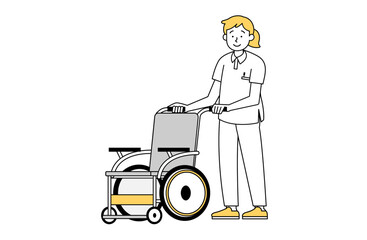 車椅子を押す女性介護士のイラスト 介助 老人ホーム  通院 病院 怪我 シンプル
