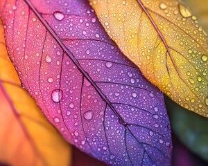 Fototapeta premium Colorful leaves with water droplets, autumn close-up, macro photography, vibrant nature-inspired background, fresh seasonal beauty.