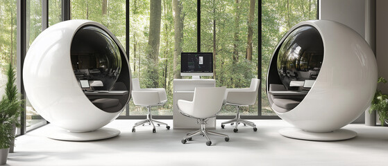 Tranquil office space with spherical designs and chic furniture, promoting a focused atmosphere-2