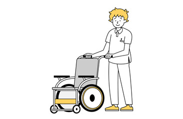 車椅子を押す男性介護士のイラスト 介助 老人ホーム  通院 病院 怪我 シンプル