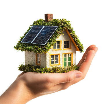 recommend clip art: House with solar panel in hand isolated on white background. Renewable energy concept. Overlays, clip art, png.