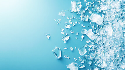 Scattered ice cubes on gradient blue background with crushed ice on right