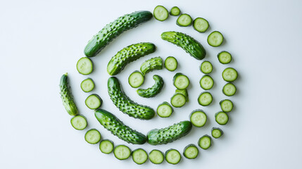 Spiral arrangement of fresh cucumbers and slices on white background