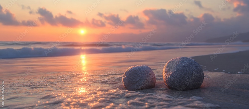 Wall mural serene sunset over a calm beach with soft waves gently lapping at smooth round stones positioned in 