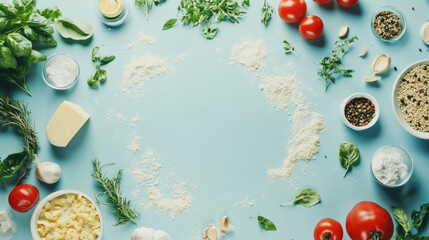Culinary ingredients with tomatoes, spices, and herbs on blue background
