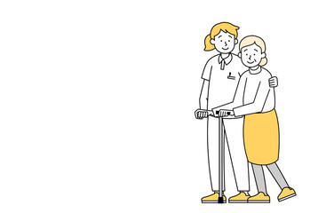 歩行の介助を受ける高齢女性のベクターイラスト 介護士 老人ホーム
