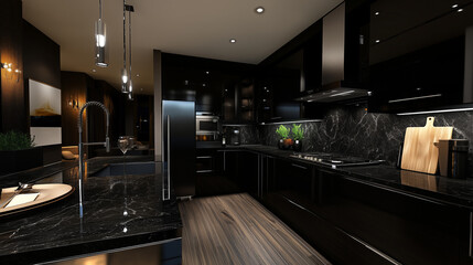 Black and dark wood tones blend in modern kitchen design with daylight illuminating sleek countertops and cabinets-2