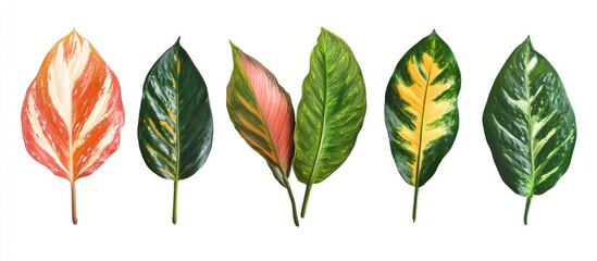 Fototapeta premium Colorful diverse tropical leaves in shades of green, pink, orange, and yellow arranged on a bright white background showcasing natural beauty and elegance