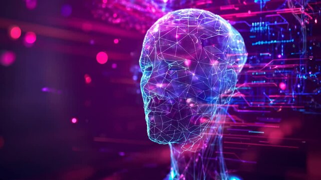 Futuristic human head made of glowing wireframe mesh in digital space, data and technology, innovation, artificial intelligence concept