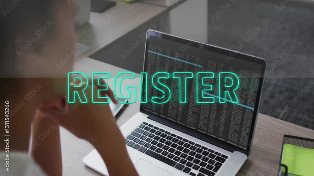 Poster register text animation over person using laptop with data on screen