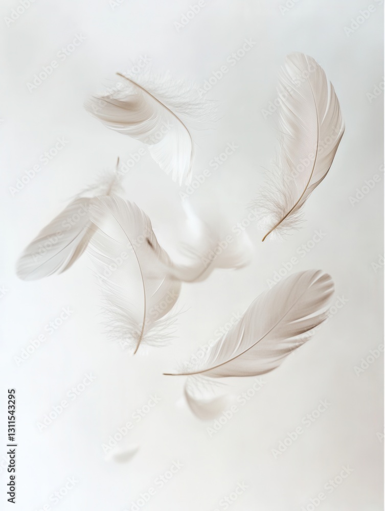 Poster Soft floating feathers create a serene and ethereal composition against a pure white background in a dreamlike setting