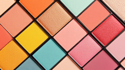 Colorful makeup palette with various vibrant eyeshadow and blush shades