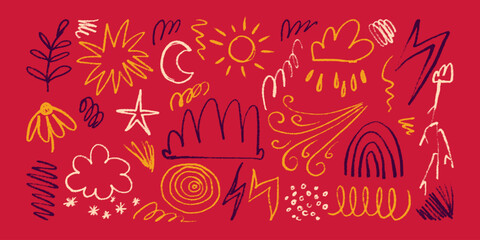 Collection of Childish and Naive Multicolored Doodles Hand Drawn with Pencil and Charcoal on Red Background. Colorful scribbles with happy vibes and grunge texture. Banner with random wobbly shapes