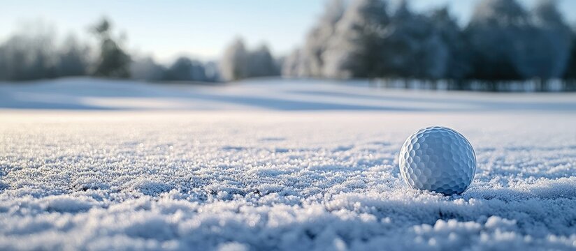 Winter Golf Course with snow-covered fairway and frosty green, white golf ball in foreground, soft blue sky, capturing chilly serene atmosphere.