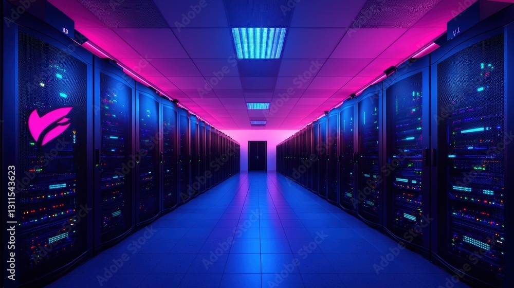 Poster illuminated server room with rows of data storage racks.
