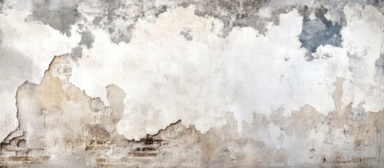 Abstract textured wall surface with cracked white plaster in shades of gray and beige, featuring a weathered appearance and subtle color variations.