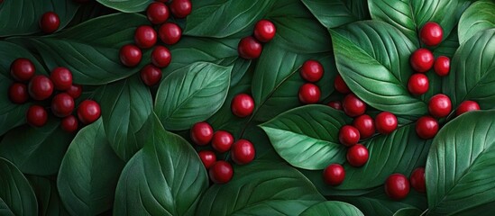 Vibrant red cherry berries nestled among rich green leaves create a stunning contrast that emphasizes their vivid color and natural beauty.