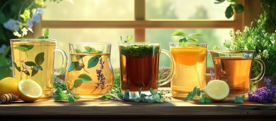 Assorted herbal teas in clear glass mugs arranged on a wooden table with vibrant greens and citrus slices in a sunlit window setting.