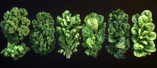 Diverse assortment of fresh greens including curly kale flat leaf kale romaine and green leaf lettuce arranged in a linear display on a dark background