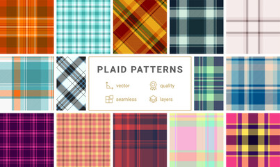 Collection of vibrant plaid patterns. Seamless vector designs in various colors and styles, perfect for textile, web, or print projects. Highquality, layered files for easy customization.