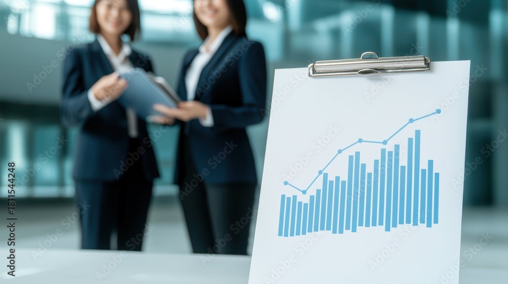 Poster two businesswomen discuss a growth chart in a modern office setting, emphasizing collaboration and d