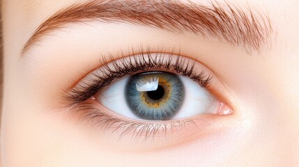 Obraz premium A close-up view of a human eye showcasing intricate details, including the iris, eyelashes, and eyebrow, emphasizing beauty and clarity.