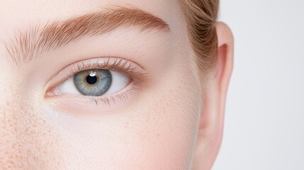 A close-up of a human eye, showcasing its blue color and subtle freckles, emphasizing natural beauty and clarity.