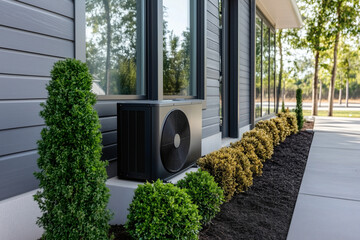 Heat pump installation with modern landscaping