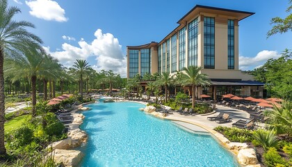 Luxury Resort Hotel with a Large Swimming Pool and Lush Tropical Landscaping