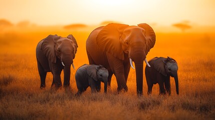Fototapeta premium African Elephant Family at Sunset in the Savanna