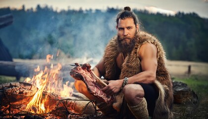 人類のDNAを遡った祖先。古代人の男が食事をしているイメージ画像イラスト。縄文時代・弥生時代の狩猟民族。AIで生成