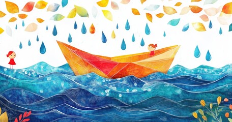 Fototapeta premium Children in a colorful boat rainy sea adventure whimsical art vibrant colors playful atmosphere