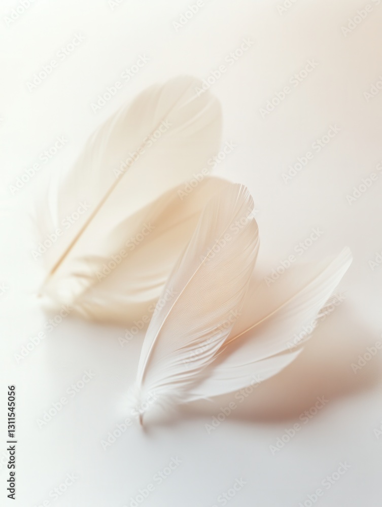 Poster floating soft white feathers create a serene and dreamlike atmosphere against a pure white backdrop 