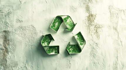 Green recycle symbol on weathered wall with textured surface