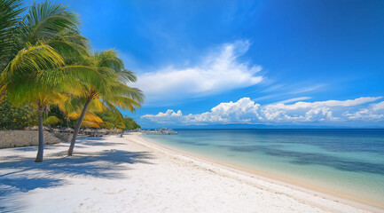 Naklejka premium Tropical Beach Paradise with Turquoise Waters & Swaying Palm Trees – Serene Coastal Landscape with Blue Sky, White Clouds & Soft Beige Sand – Relaxing Vacation Destination & Nature Escape
