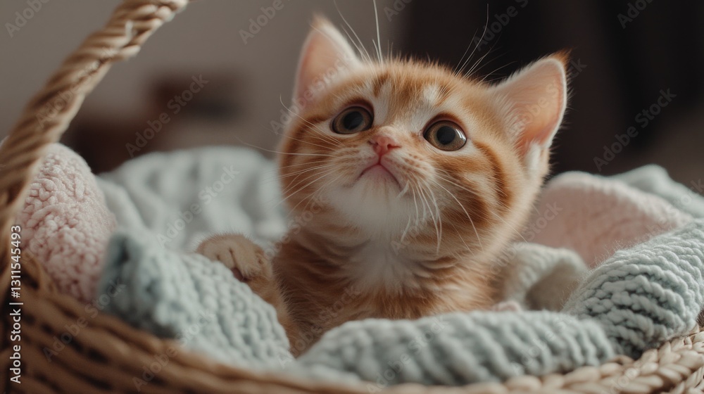 Poster a chubby kitten sitting in a basket filled with soft blankets, looking up with big, curious eyes and