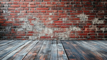 Rustic red brick wall with weathered wooden floor background