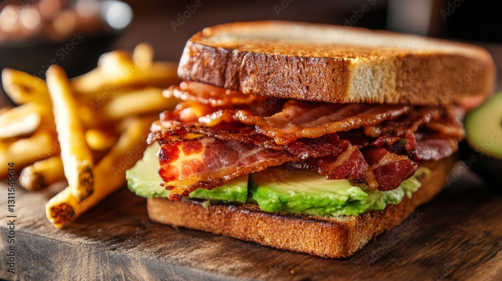 Poster a close-up of a bacon and avocado sandwich, with crispy bacon peeking out, served on a wooden cuttin