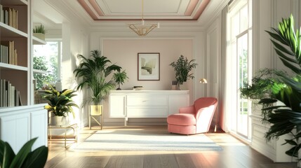 Sunlit pink living room armchair, plants, bookshelves