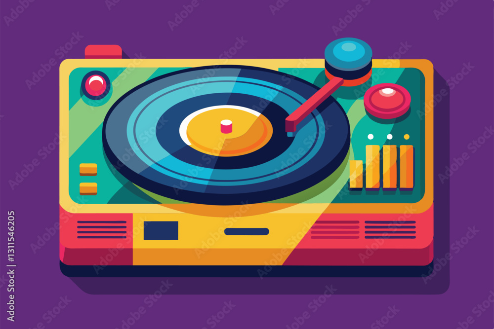 Poster a stylish, flat record player design showcases bright colors and unique customizable features for mu