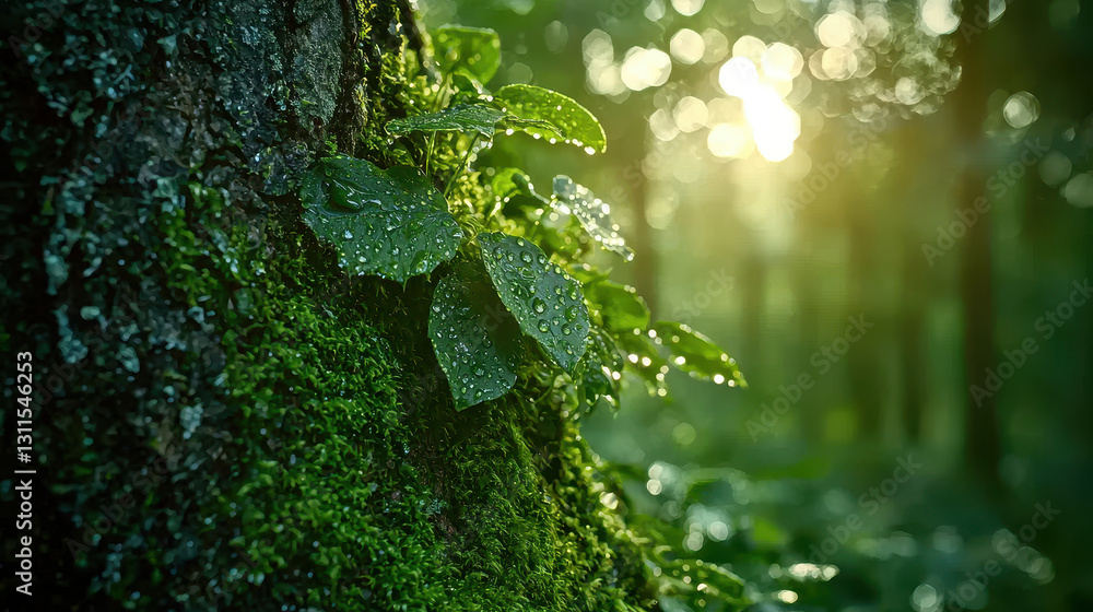 Poster vibrant green moss and droplets on a tree trunk in a serene forest setting