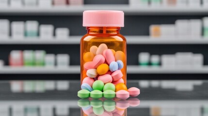 Brightly colored pills in transparent bottle create vivid pharma